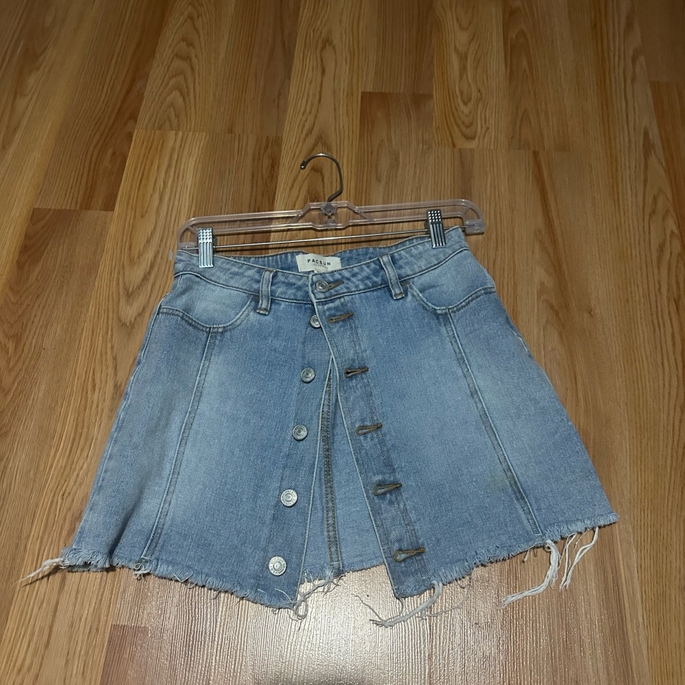 Pacsun Button Front Denim Skirt Womens 25 Light Indigo Blue Frayed Hem Cotton